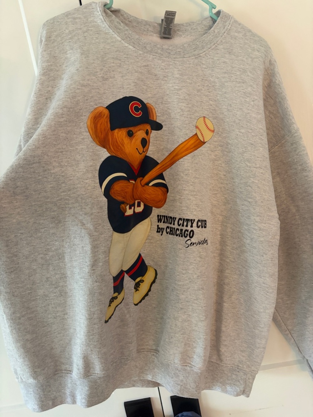 Gildan Gray Crewneck Sweatshirt with Navy & Cream Bear Baseball Graphic
